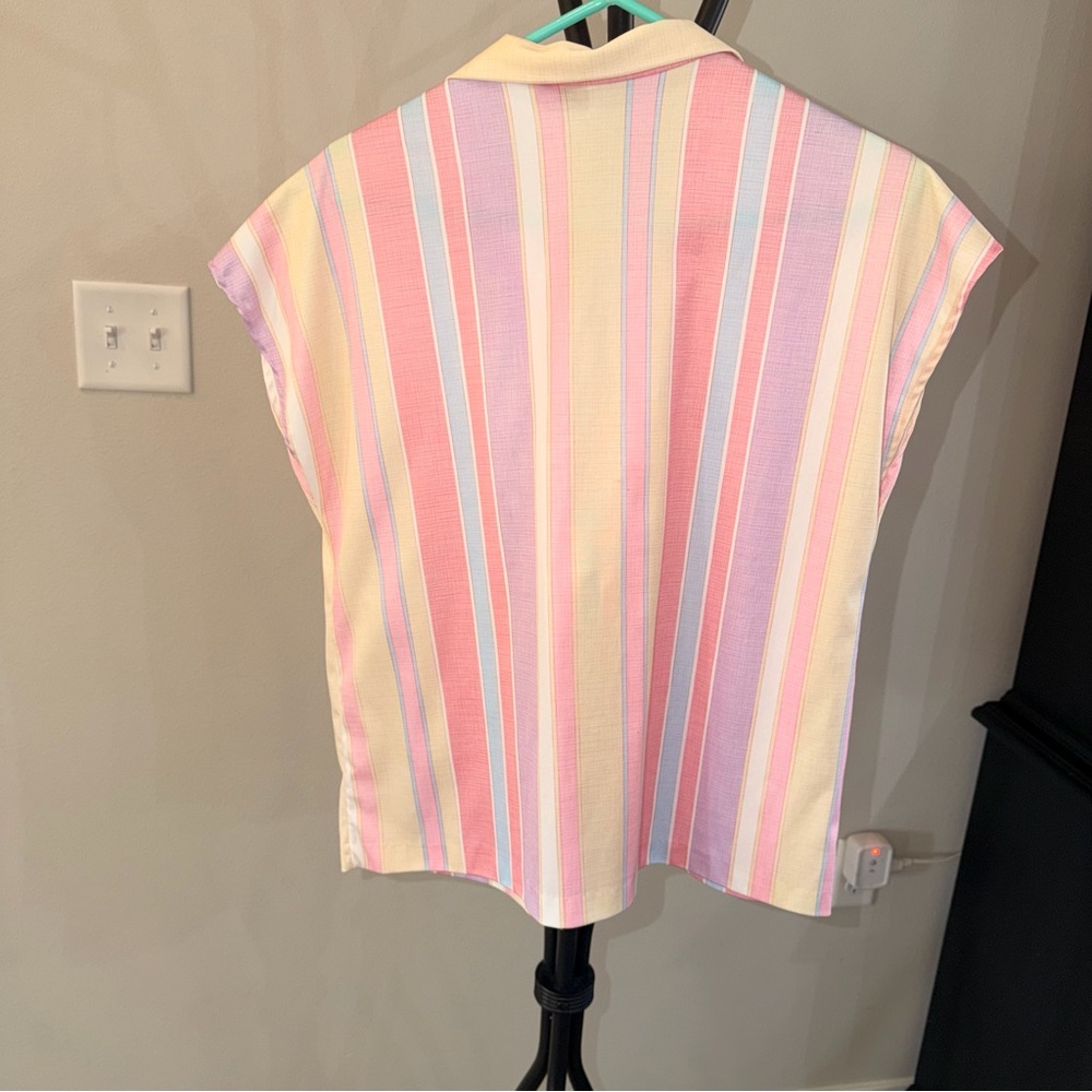 Vintage Pastel Striped Button Up Blouse Pink Yellow Short Sleeve L - Picture 2 of 9